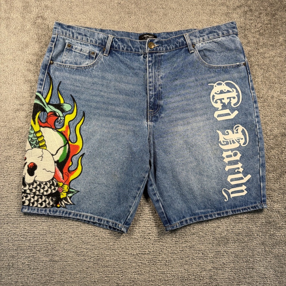 Ed Hardy Mens Denim Shorts Size 42 Blue Skull Flame Graphic Y2K Streetwear